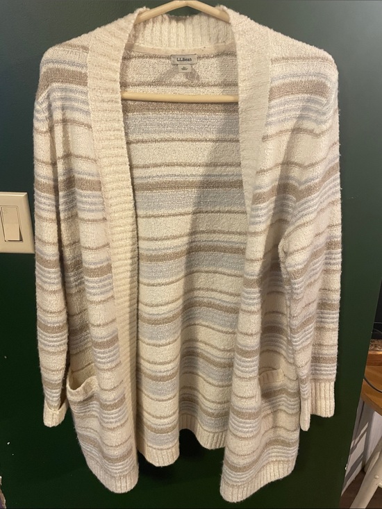 L.L. Bean Sweaters - L.L. Bean Ivory, Tan & Light Gray Striped Open-Front Wrap Around Sweater Size La